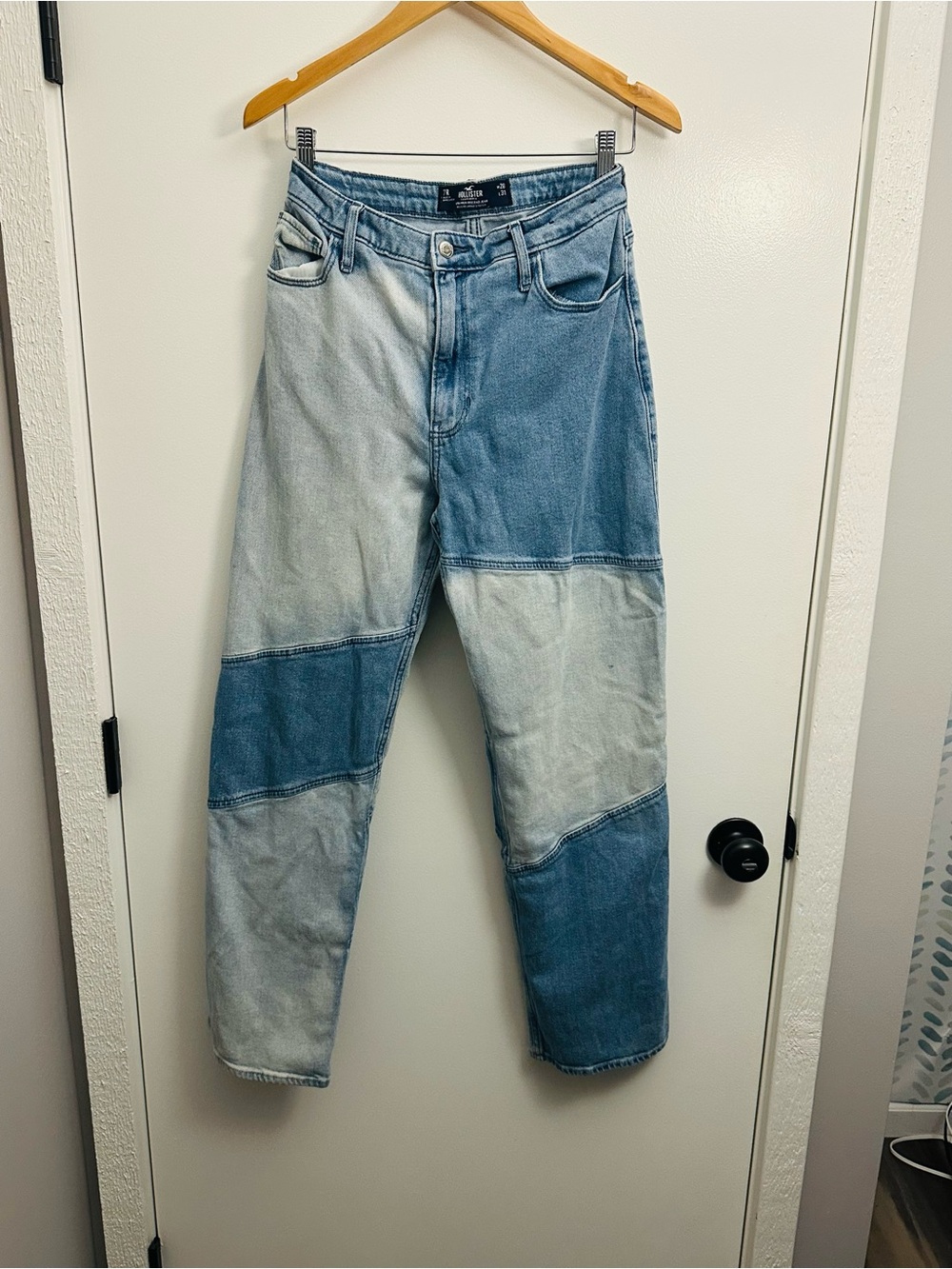 Hollister high rise dad Two-Tone Patchwork Blue Relaxed Jeans size 7 R